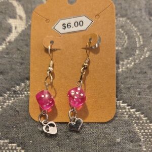 Pink Dice Earrings with Heart Charms